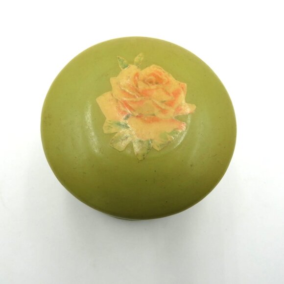 Vintage Trinket Box Green Decoupaged Yellow Rose Gold Detailing Velvet Lined - Picture 3 of 8